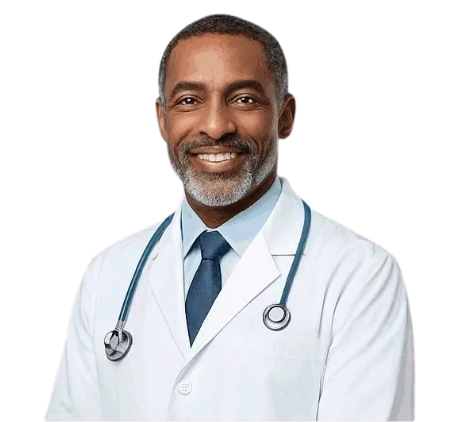 medical professional in a white jacket with a stethoscope around his neck smiling
