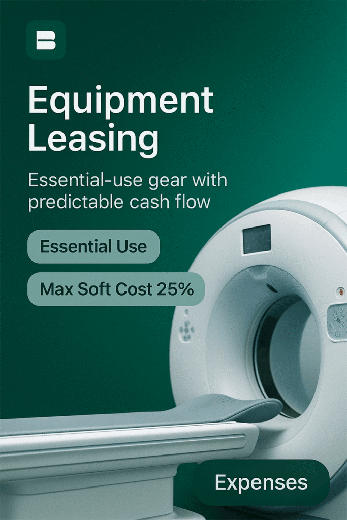 MRI/CT scanner close-up with headline “Equipment Leasing,” chips “Essential Use” and “Max Soft Cost 25%,” BRIC Medical brand.