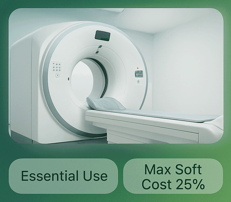MRI/CT scanner close-up with headline “Equipment Leasing,” chips “Essential Use” and “Max Soft Cost 25%,” BRIC Medical brand.