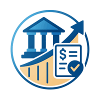 Medical real estate financing—building columns with upward arrow and approved loan document icon