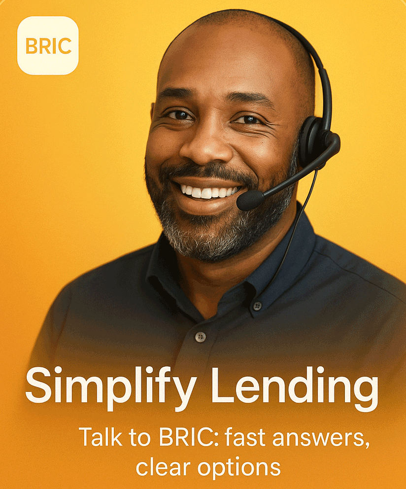 Smiling support rep with headset on yellow background, BRIC logo, headline “Simplify Lending—Talk to BRIC: fast answers, clear options